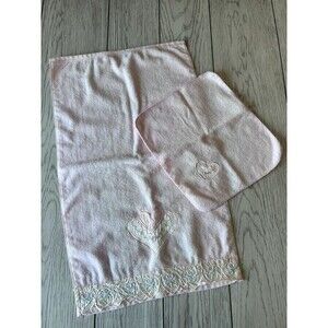 Vintage JCPenney Pink Heart Hand Towel & Washcloth 90s Cottagecore Embroidered